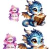 Drache Buch blau Bügelbild Übersicht Größen