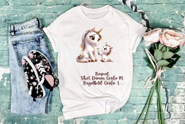 Einhorn Mama und ich Bügelbild Größe L Damenshirt