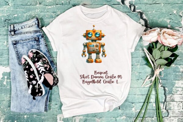 Rostiger Roboter Bügelbild Größe L Damenshirt