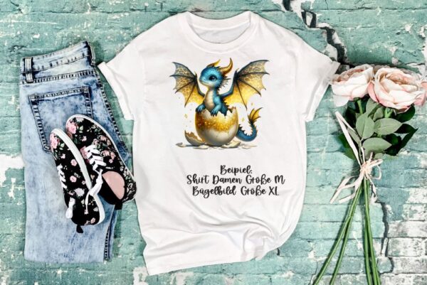 Bügelbild Drache goldenes Ei Größe XL Damenshirt