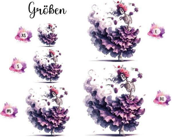 Bügelbild Skelett Blumen violett Größen