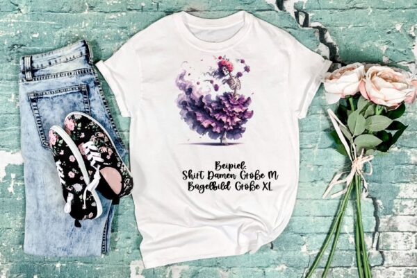 Bügelbild Skelett Blumen violett Größe XL Damenshirt