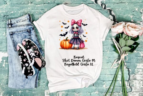 Bügelbild Halloween Girl Kürbis Fledermäuse Größe XL Damenshirt