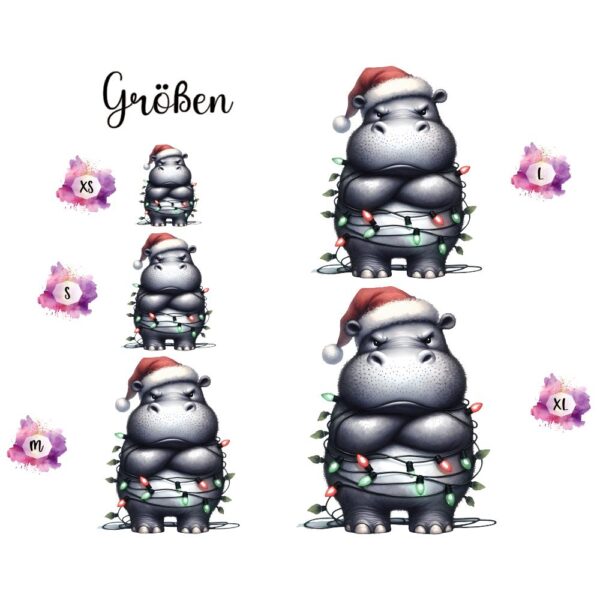 Bügelbild Weihnachten grumpy Nilpferd Mütze Lichterkette Größen