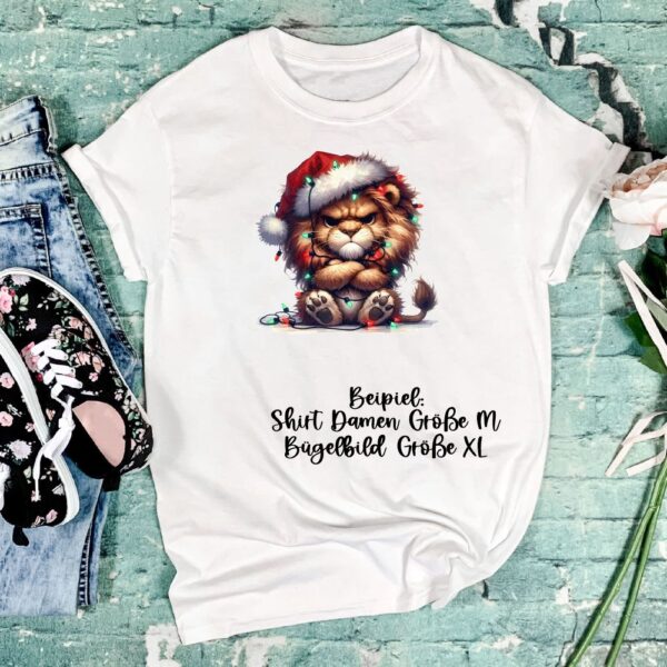 Bügelbild Weihnachten grumpy Löwe Mütze Lichterkette Größe XL Damenshirt