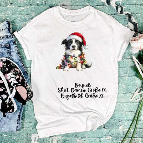 Bügelbild Weihnachten Hund Weihnachtsmütze Lichterkette Größe XL Damenshirt