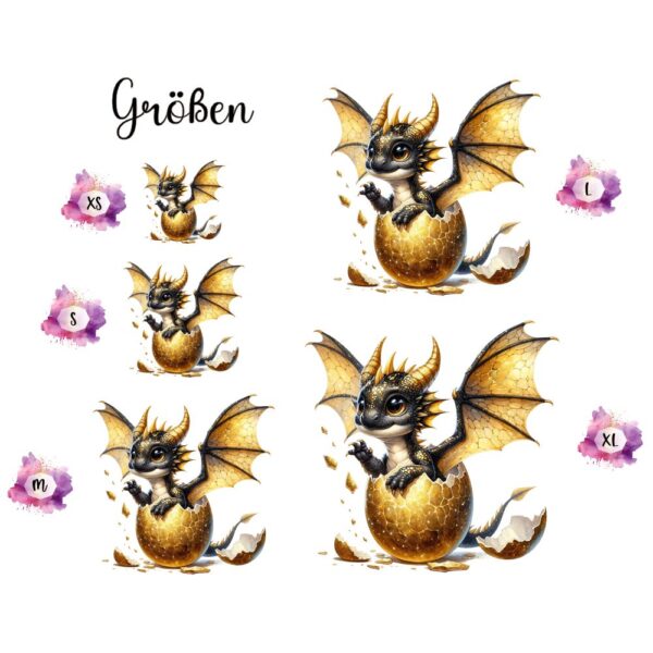 Bügelbild Drache schwarz gold mit Flügeln im Ei Größen