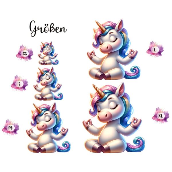 Bügelbild Yoga Einhorn Größen