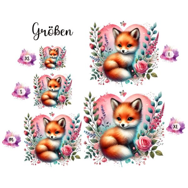 Bügelbild Liebe Baby Fuchs im Herz mit Blumen Größen