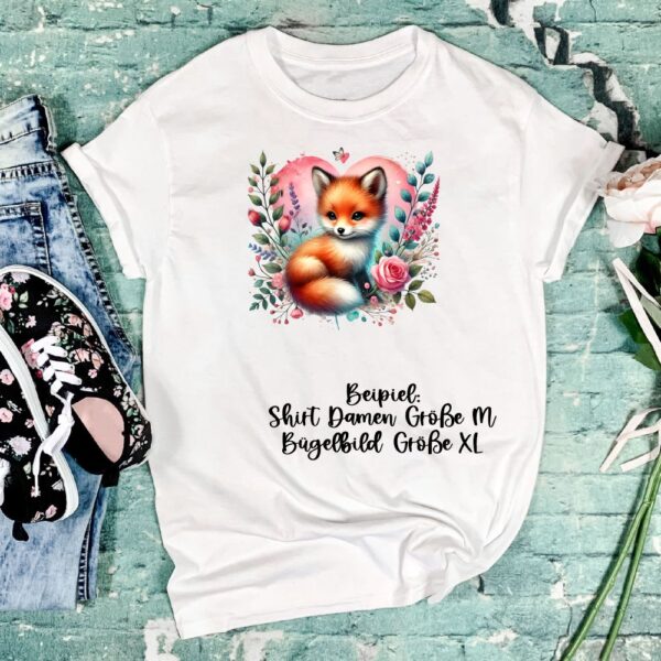 Bügelbild Liebe Baby Fuchs im Herz mit Blumen Größe XL Damenshirt