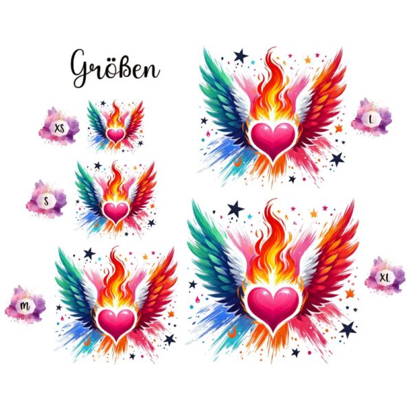 Bügelbild Liebe Herz in bunten Flammen Größen