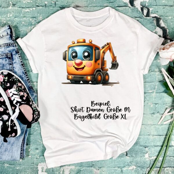 Bügelbild Baustelle oranger LKW Bagger Größe XL Damenshirt