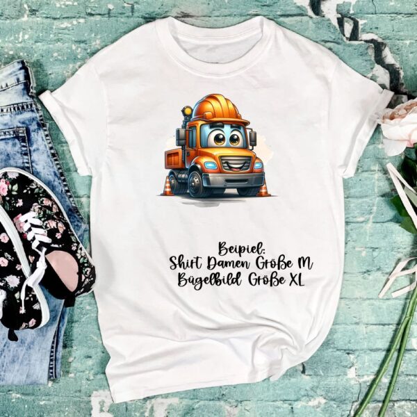 Bügelbild Baustelle oranger LKW Größe XL Damenshirt