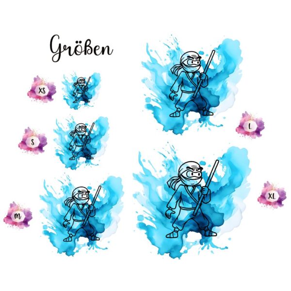 Bügelbild Ninja blau Stock Größen