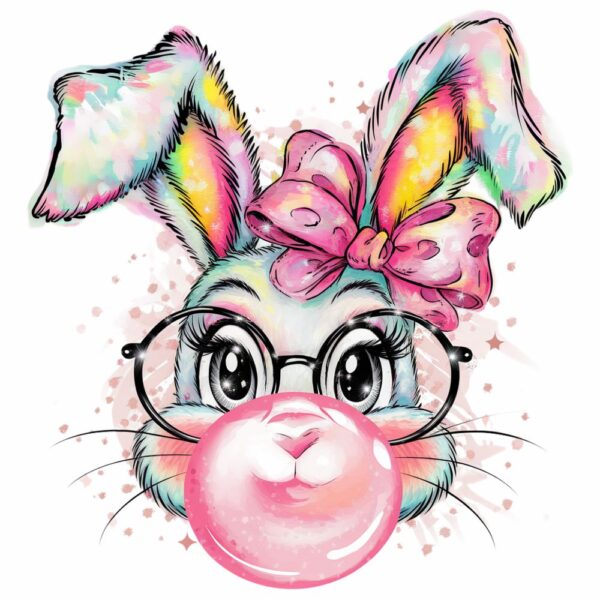 Bügelbild Ostern Hasenmädchen mit Kaugummiblase