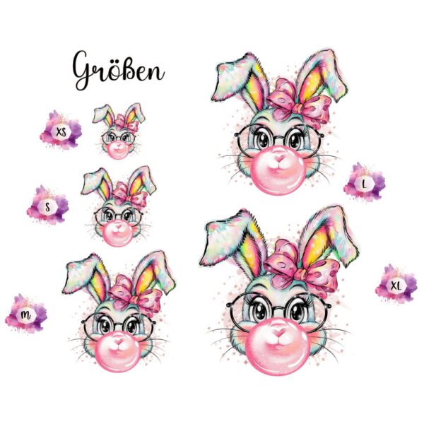 Bügelbild Ostern Hasenmädchen mit Kaugummiblase Größen