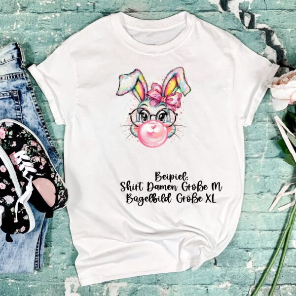 Bügelbild Ostern Hasenmädchen mit Kaugummiblase Größe XL Damenshirt