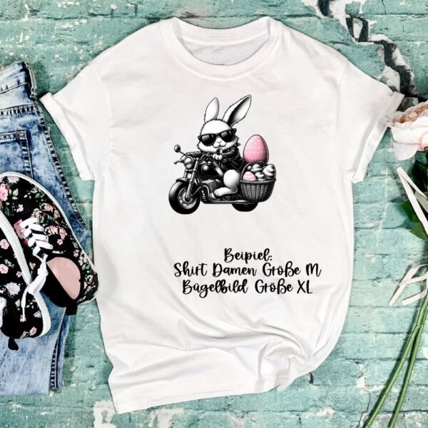Bügelbild Ostern Mafia Osterhase Motorrad Größe XL Damenshirt