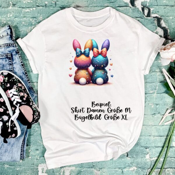 Bügelbild Ostern bute Hasen von hinten Größe XL Damenshirt