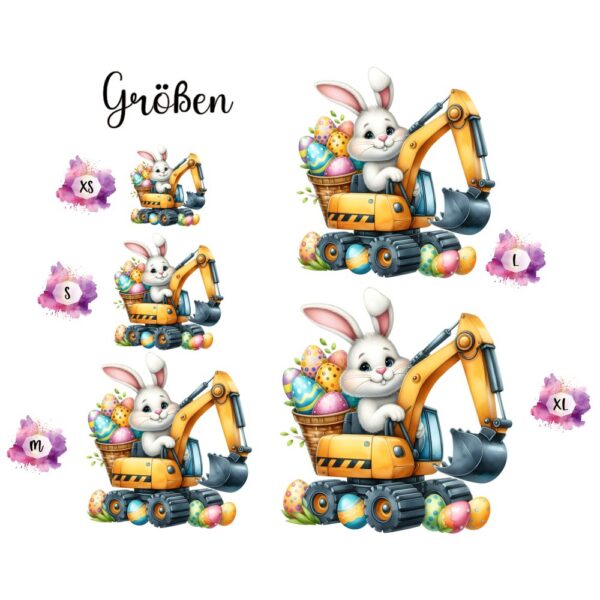Bügelbild Ostern Hase im Bagger Größen