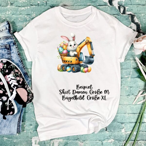 Bügelbild Ostern Hase im Bagger Größe XL Damenshirt
