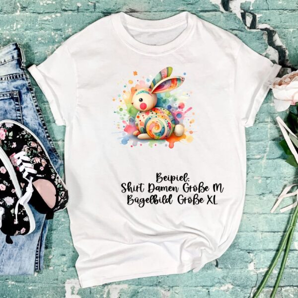 Bügelbild Ostern Holz Hase bunt Splash Größe XL Damenshirt