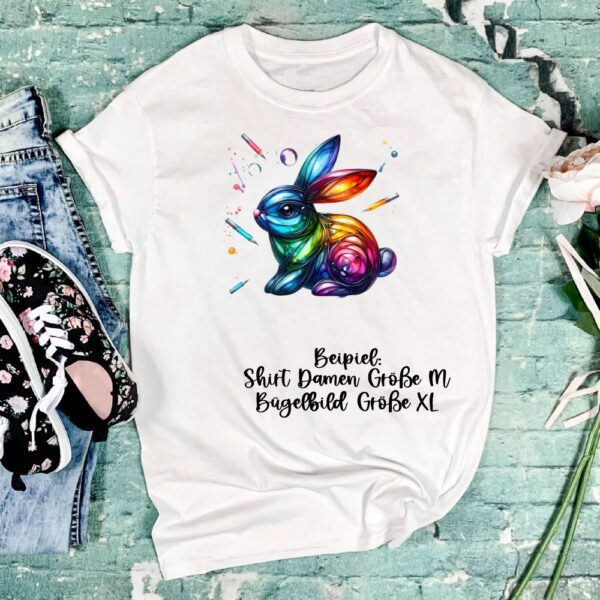 Bügelbild Ostern Hase bunt Stifte Größe XL Damenshirt
