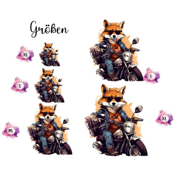 Bügelbild Fuchs auf Motorrad Größen