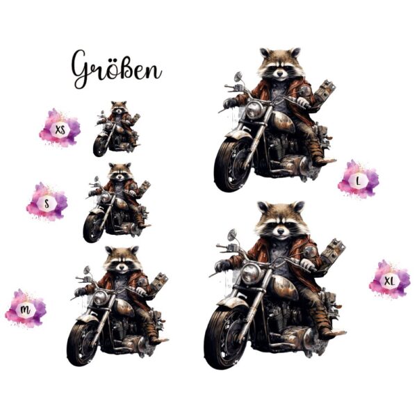 Bügelbild Waschbär auf Motorrad Größen