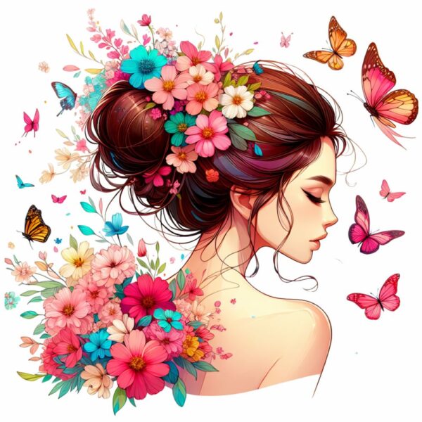 Bügelbild Woman Schmetterlinge Blumen