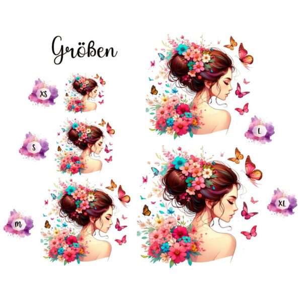 Bügelbild Woman Schmetterlinge Blumen Größen