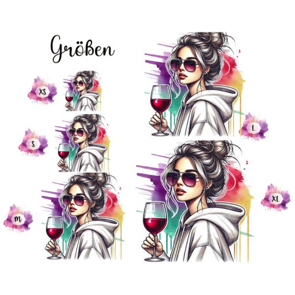 Bügelbild Woman Sunglasses Wine Größen