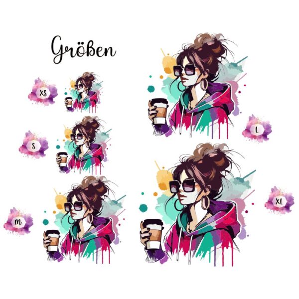 Bügelbild Woman Sunglasses Coffee Größen