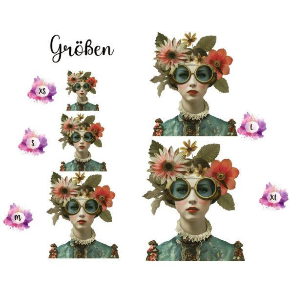 Bügelbild Woman Retro Vintage Brille Größen