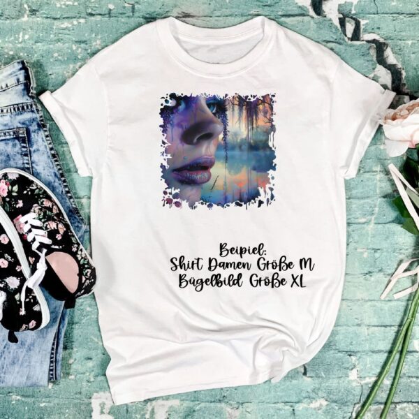 Bügelbild Woman Close Up lila Größe XL Damenshirt