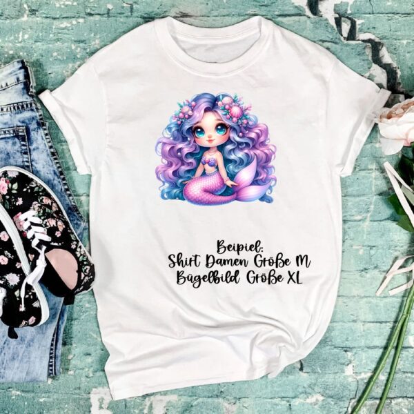 Bügelbild Meerjungfrau Blumen grün lila Größe XL Damenshirt